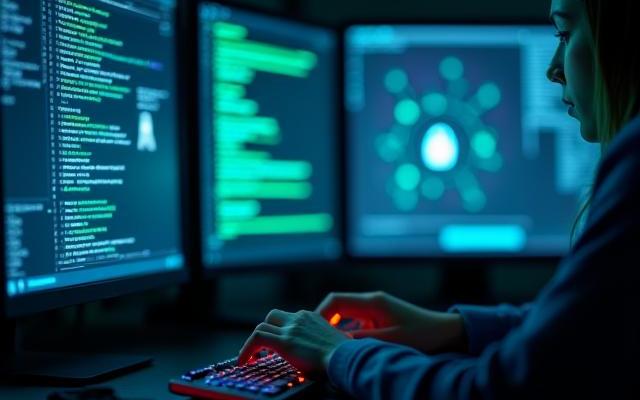 Codeur écrivant des scripts de cybersécurité sur plusieurs écrans